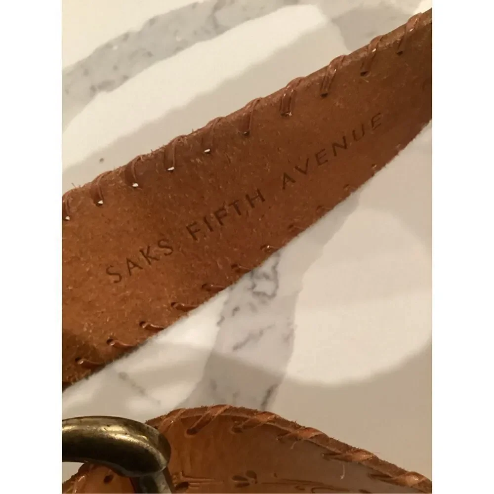 Sax Fifth Avenue Leather Brown Belt Sz S Braided Trim Embossed